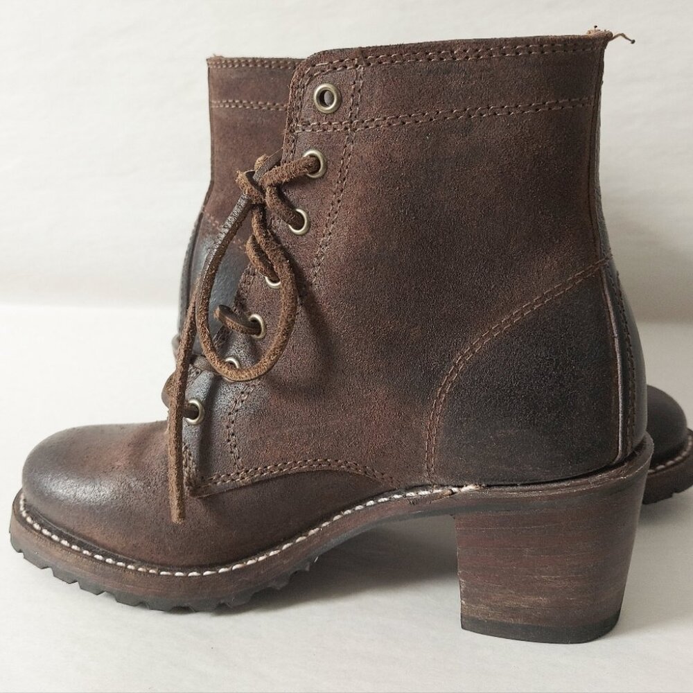 Frye Sabrina 6G Laceup Combat Boots 5.5 M Dark Brown Rugged Chunky Block Heels - Picture 9 of 13